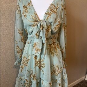 Chic Long Sleeve Floral Dress in Green and Brown
